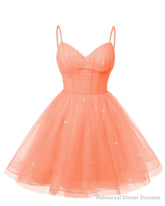 Womens V Neck Tulle Spaghetti Straps Coral Homecoming Dresses with Corset Back Short Prom Gowns for Teens